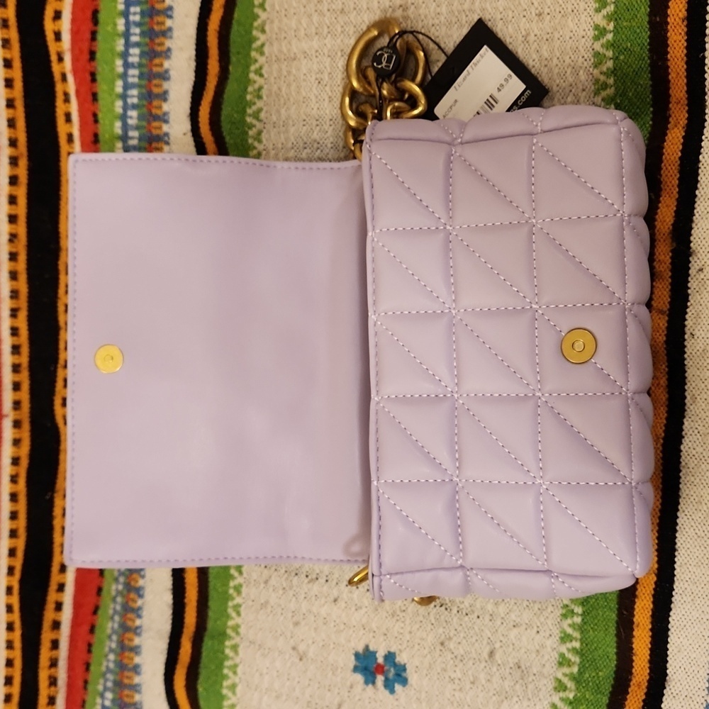 Vegan Leather Quilted Lilac Purple Mini Shoulder Bag with Heavy Brass Chain NWT - Picture 5 of 7